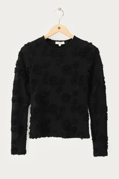 Schwarzes Langarmshirt mit Blumenstickerei