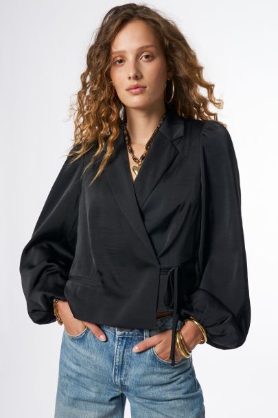 Black wrap top in satin look with long sleeves