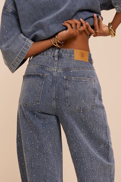 Blue barrel jeans with all-over rhinestones