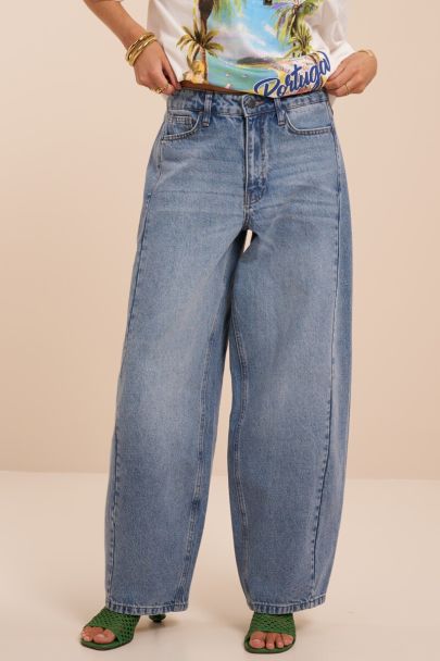 Blauwe barrel jeans met strikkoord