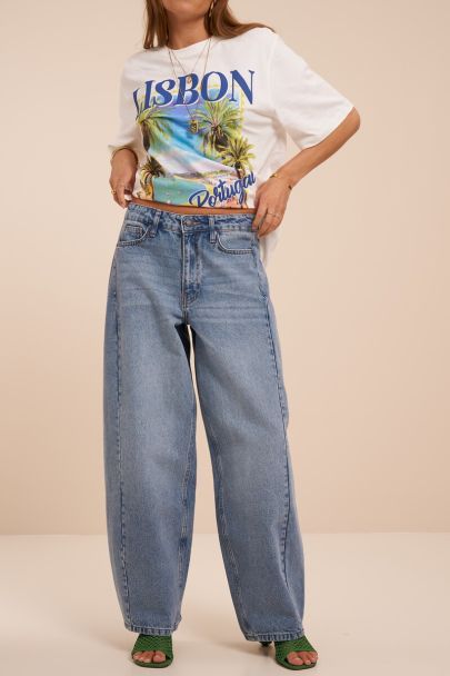 Blauwe barrel jeans met strikkoord