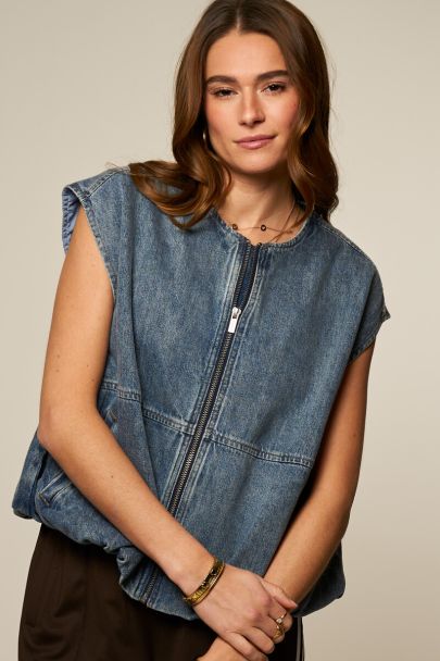 Blauw denim ballon gilet met rits