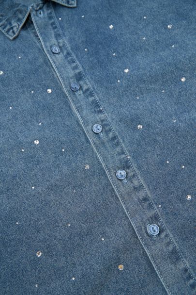Blauwe denim blouse met lange mouwen en strass