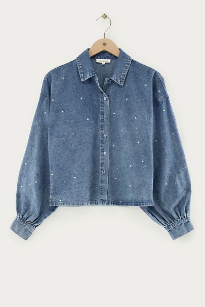 Blauwe denim blouse met lange mouwen en strass