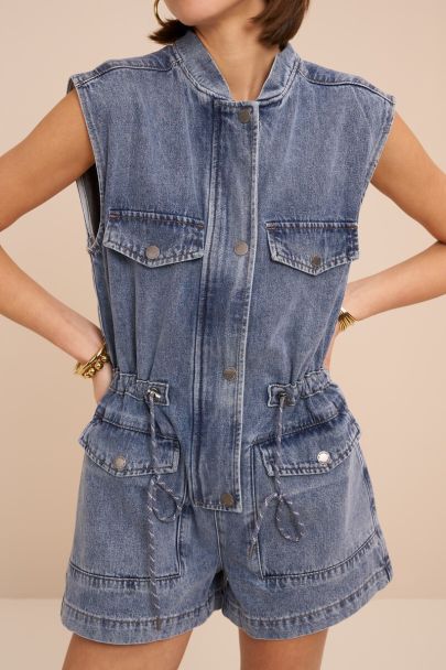 Blauwe denim playsuit met trekkoord details