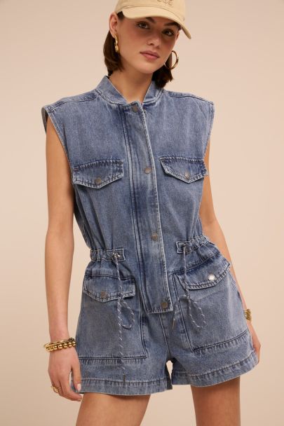 Blauwe denim playsuit met trekkoord details