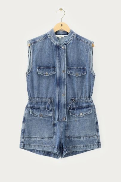 Blauer Denim-Playsuit mit Kordelzug