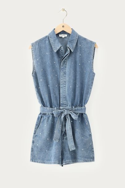 Blauwe denim playsuit met strass details