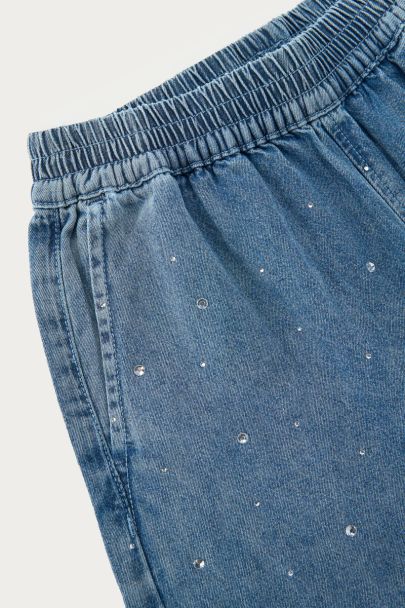Blauwe denim wijde broek met elastische band en strass