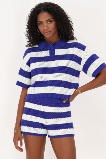 Blauw gebreide polo met strepen