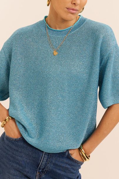 Blauwe lurex top met ronde hals