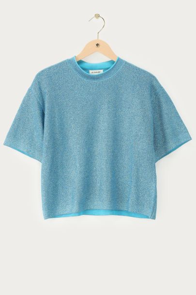 Blaues Lurex-Oberteil mit Rundhalsausschnitt