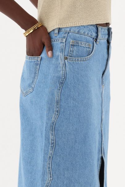 Blauwe midi rok met wave en split