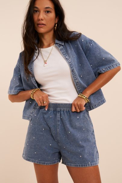 Blauw short met strass details 