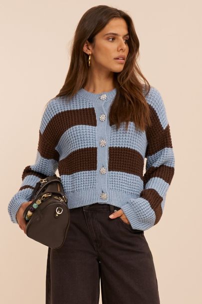 Blue striped cardigan with rhinestone buttons
