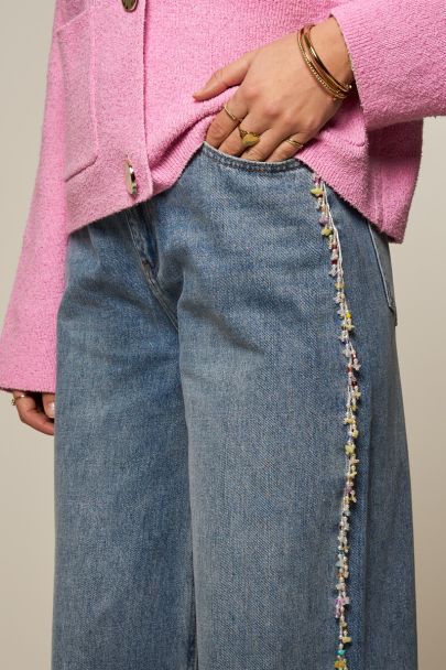 Blue wide leg jeans with beaded fringes
