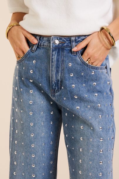 Blue wide leg jeans with silver-coloured studs