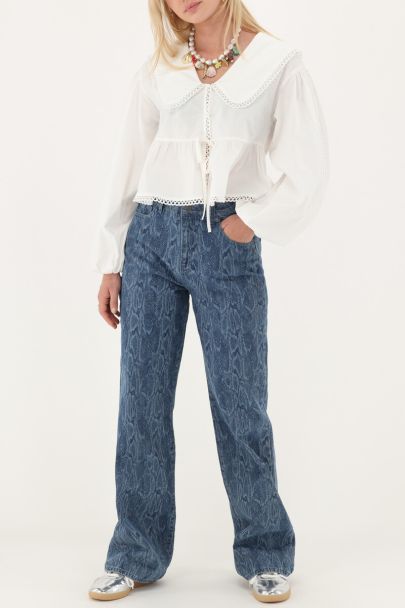 Blauwe wide leg jeans met slangenprint