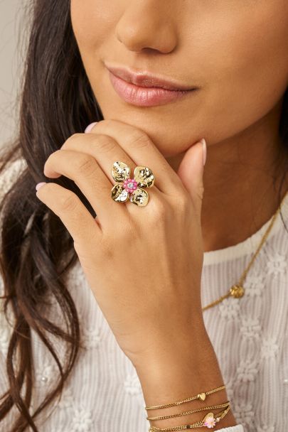 Bague Botanical avec fleur et perles fantaisie roses