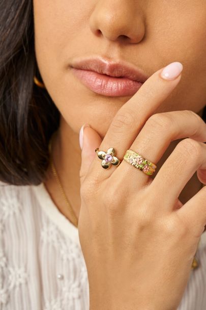 Botanical Ring mit Blumen und pinker Strassstein