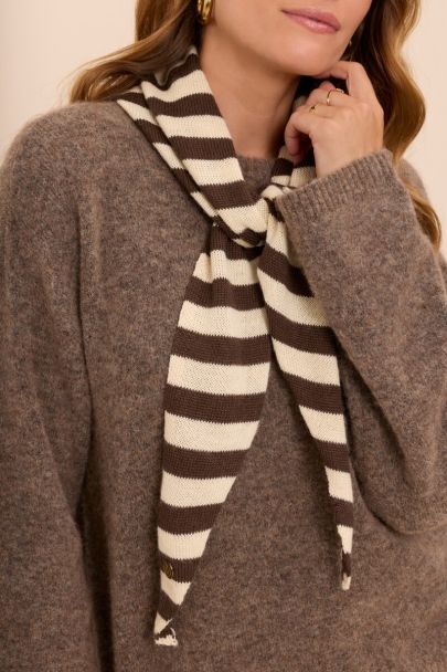 Brown-beige knitted triangle scarf with stripes