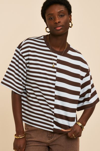 Bruin-blauw gestreept T-shirt