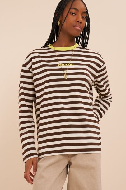 Bruin-wit gestreept longsleeve T-shirt 'CouCou'