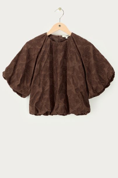 Brown balloon top with embroidery