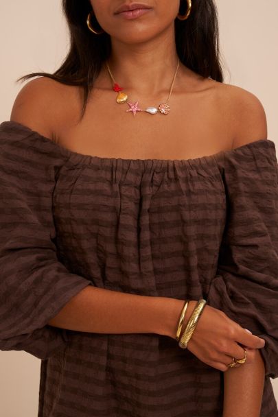 Bruin geruite off-shoulder jurk