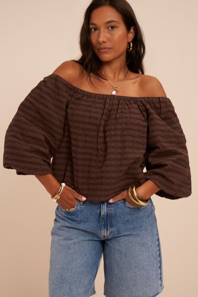 Bruin geruite off-shoulder top