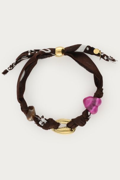 Bracelet coquillage en corde marron et imprim&eacute; bandana 