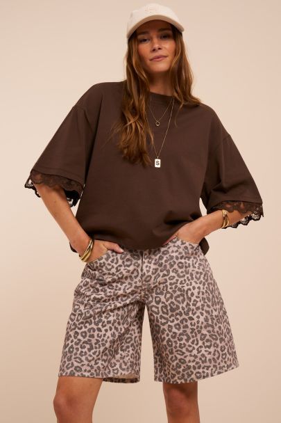 Bruine denim jorts met panterprint