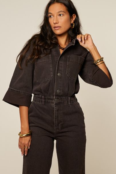 Bruine denim jumpsuit met korte mouwen