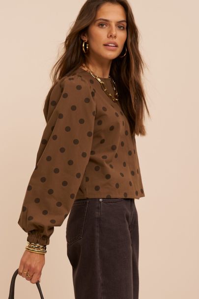 Top en denim marron &agrave; manches longues et pois