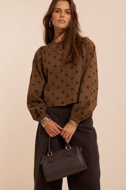 Top en denim marron &agrave; manches longues et pois