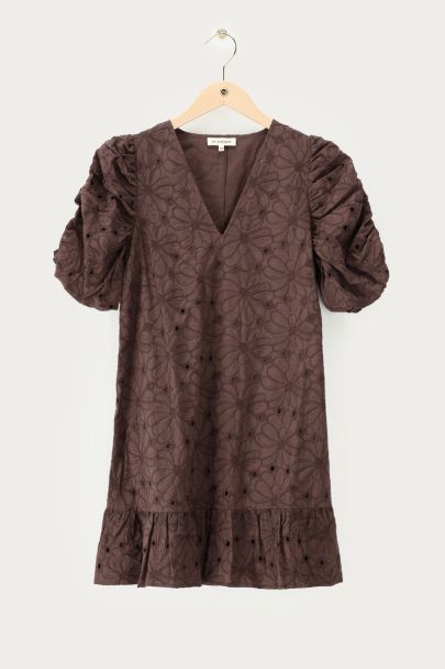 Brown dress with short puff sleeves and embroidery