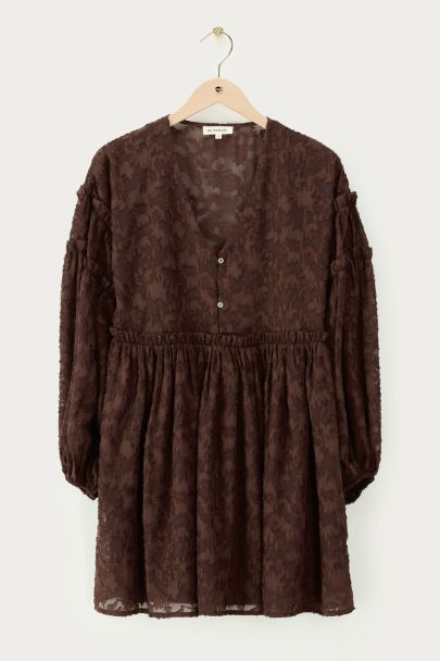 Brown jacquard dress with ruffles