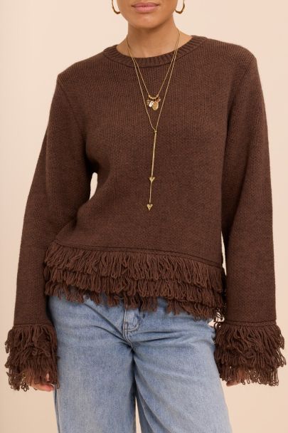 Brauner Strickpullover mit Fransen