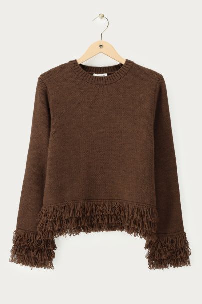 Brauner Strickpullover mit Fransen