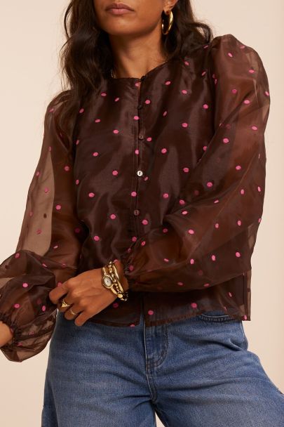 Blouse en mesh marron &agrave; pois roses