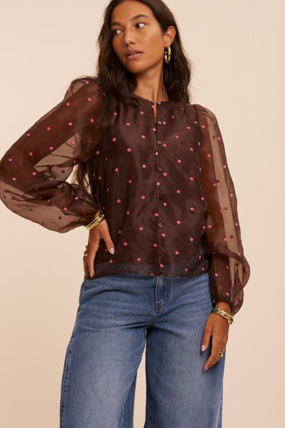 Blouse en mesh marron &agrave; pois roses