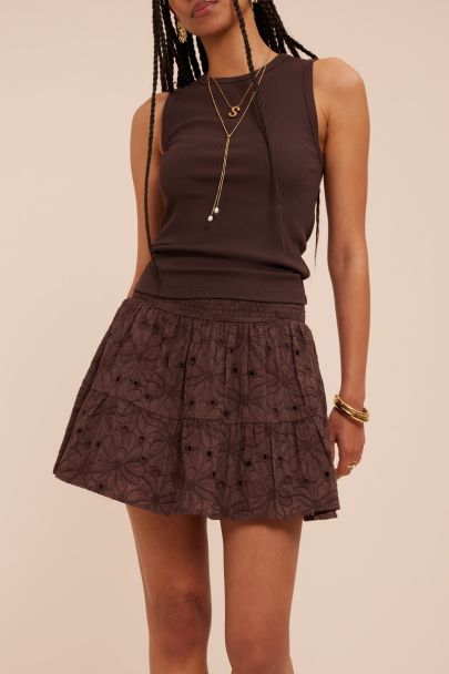 Bruine korte rok met embroidery en elastische band