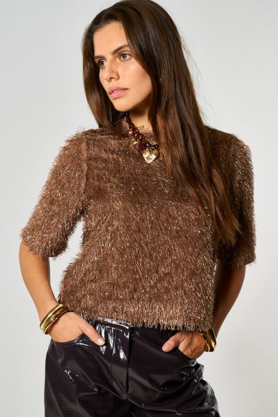 Top à manches courtes marron avec paillettes
