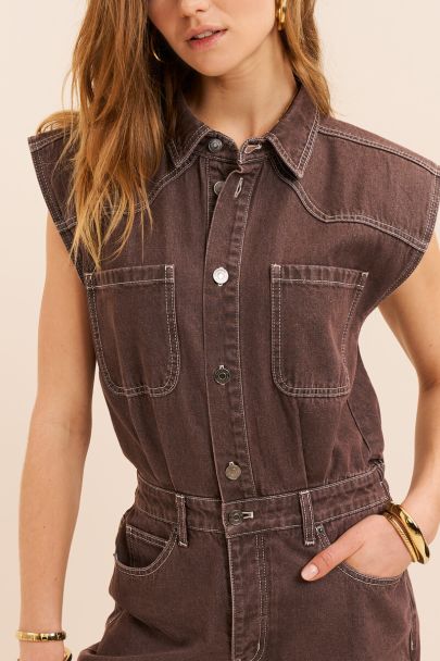 Brown sleeveless denim jumpsuit
