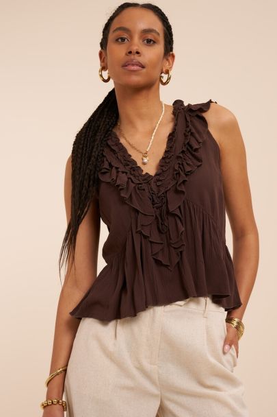 Bruine mouwloze top met ruffles