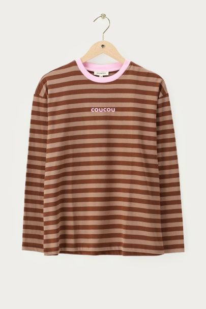 Braun gestreiftes Langarmshirt "CouCou" mit rosa Ausschnitt