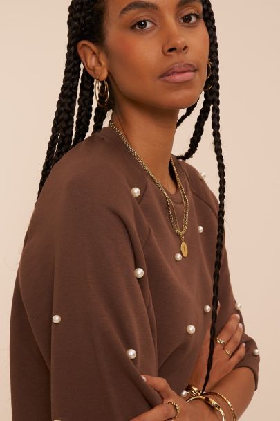 Sweat marron &agrave; manches courtes avec perles fantaisie