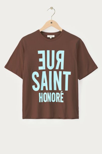 Brown T-shirt with light blue 'Rue saint honore'