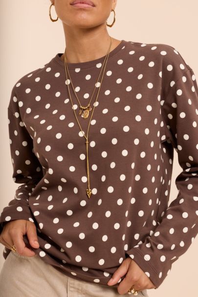 Bruin T-shirt met lange mouwen en polkadots