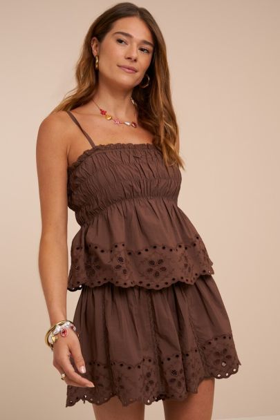 Brown poplin skort with embroidery